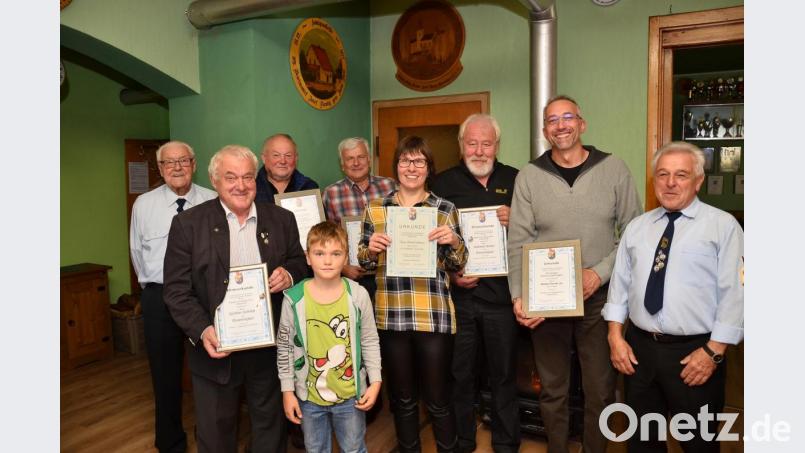 Günther Schmidt senior (Zweiter von links) und Andreas Gruber (Dritter von rechts) sind neue Ehrenmitglieder beim Raupen- und Baggerverein. Weitere Ehrungen erhalten Johann Grötsch (Dritter von links), Georg Schmidt (vorne), Walter Kraus (Mitte), Nicole Stefinger und Michael Hummer junior (Zweiter von rechts). Bild: fjo