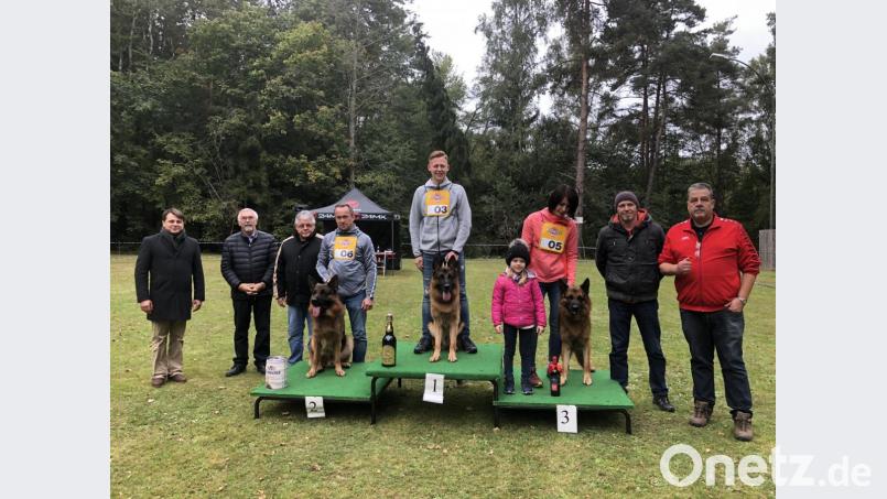 Zuchtrichter Christian Lang, Schirmherr Manfred Rodde, Vereinsvorstand Franz Gulz sowie die Zuchtwarte aus Schwandorf und Schwarzenfeld, René Georgi und Ulrich Helgert (von links) zeichneten bei der Siegerehrung der Gebrauchshundeklasse „Rüden“ die drei schönsten Vierbeiner ihrer Klasse aus. Bild: ksi