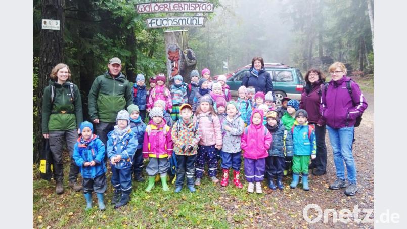 Auf den Erlebnislehrpfad Fuchsmühl begaben sich die Buben und Mädchen des Regenbogen-Kindergartens mit den (von links) Naturparkrangern Amelie Nöth und Jonas Ständer. Mit auf dem Bild die Erzieherinnen und Kindergartenleiterin Brunhilde Minnich (stehend, Dritte von rechts). Bild: njn