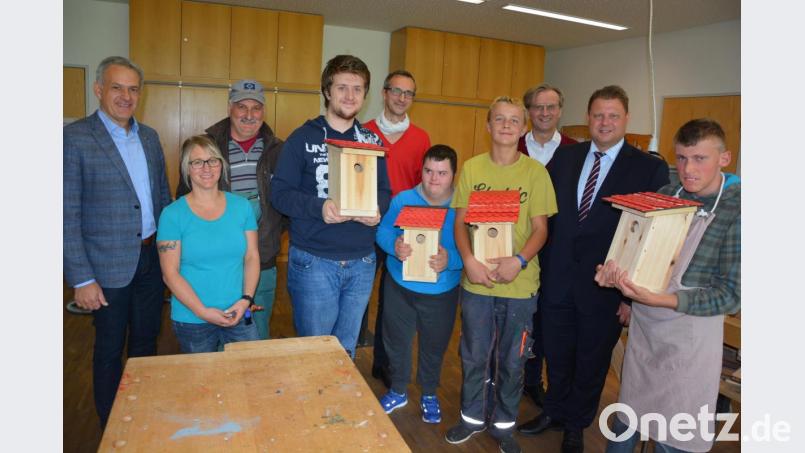 Zehn Nistkästen haben die Schüler der Berufsschulstufe der Lebenshilfe angefertigt, die an Bäumen der Stadt Mitterteich aufgehängt werden. Bei der Übergabe mit dabei waren (von links) Lebenshilfe-Vorsitzender und Bürgermeister Roland Grillmeier, Werkmeisterin Tanja Gleißner-Schmid und Stadtgärtner Willi Kilian, Schulleiter Klaus Jahn (Fünfter von links) sowie Zweiter Bürgermeister Stefan Grillmeier (Zweiter von rechts) und Lebenshilfe-Geschäftsführer Berthold Kellner (Dritter von rechts). Bild: jr