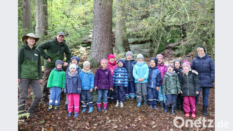 Die Kindergruppe mit ihren Begleitern im Steinwald. Bild: exb