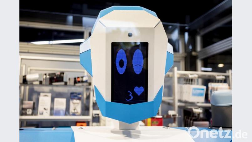Das &quot;Gesicht&quot; des neuen humanoiden Verkaufsroboters von Conrad Electronic ist bei seiner Pressepräsentation in der Filiale Berlin-Schöneberg zu sehen. Im Gegensatz zu seinen Vorgängern ist dieser Verkaufsroboter der erste, der bei einem Elektronikhändler Waren aus dem aktuellen Sortiment direkt an Kunden verkauft – und das auch außerhalb der regulären Öffnungszeiten. Bild: Christoph Soeder/dpa