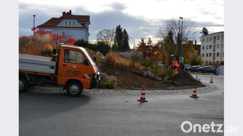 Acht Frauen und Männer vom Bauhof und der Stadtgärtnerei gestalteten binnen eines Tages den Kreisverkehr in Tirschenreuth um. Bild: szl