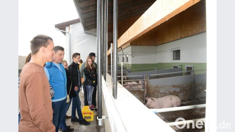 Alfons Wittmann (Zweiter von links) erläutert beim Tag der offenen Tür den Besuchern die Vorzüge der Haltung seiner Schweine im neuen Stall mit Freilauf. Bild: bey