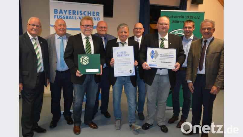 Hohe Auszeichnungen erhielt der SV Mitterteich vom Deutschen und Bayerischen Fußballverband. Die Krönung war die Verleihung des Gütesiegels „Die Silberne Raute“. Im Bild (von links) Kreisvorsitzender Siegfried Tabbert, Kreisehrenamtsbeauftragter Martin Braun, Zweiter Vorsitzender Gerhard Greim, Kreisspielleiter Peter Kemnitzer, Vorsitzender Roland Eckert, Kreisjugendleiter Thomas Fuchsstadt, Dritter Vorsitzender Jürgen Fick, BLSV-Kreisvorsitzender Andreas Malzer und Bürgermeister Roland Grillmeier. Bild: jr
