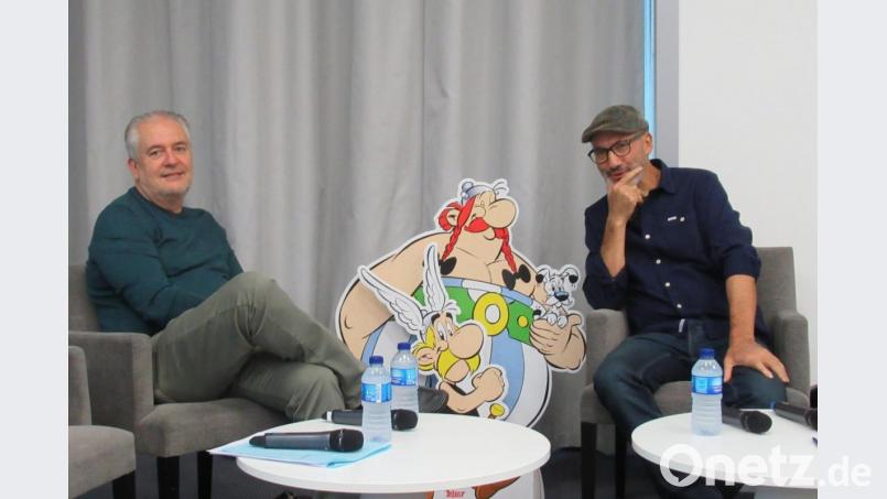 Die Macher: Zeichner Didier Conrad (links) und Texter Jean-Yves Ferri. Bild: Sabine Glaubitz/dpa