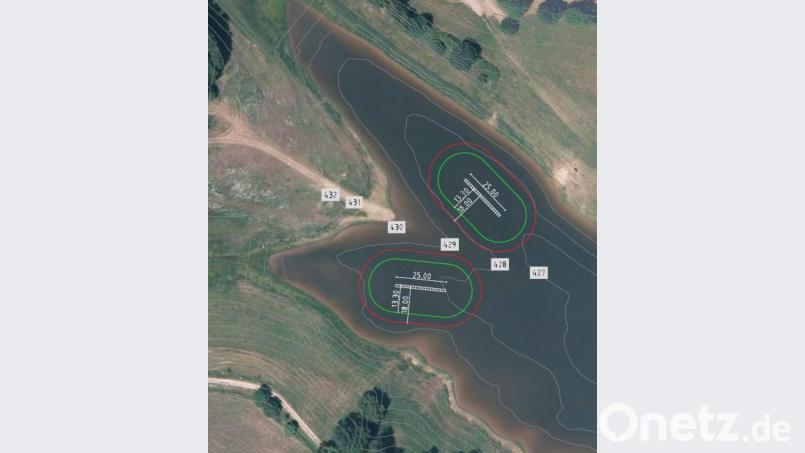 Die weißen Skizzen in den rot-grünen Kreisen stellen als Draufsicht die schmalen, langen Schwimminseln dar, von denen es am Westufer seit dieser Woche zwei Stück gibt. Screenshot: td
