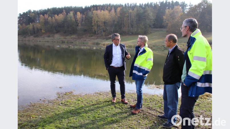 Bürgermeister Martin Birner ließ sich am Westufer des Eixendorfer Stausees von Martin Schlegel, Ludwig Reitinger und Thomas Stangl (von links) über das Pilotprojekt "schwimmende Röhrichtinseln" informieren, die die Gewässergüte des Sees verbessern sollen. Bild: Thomas Dobler