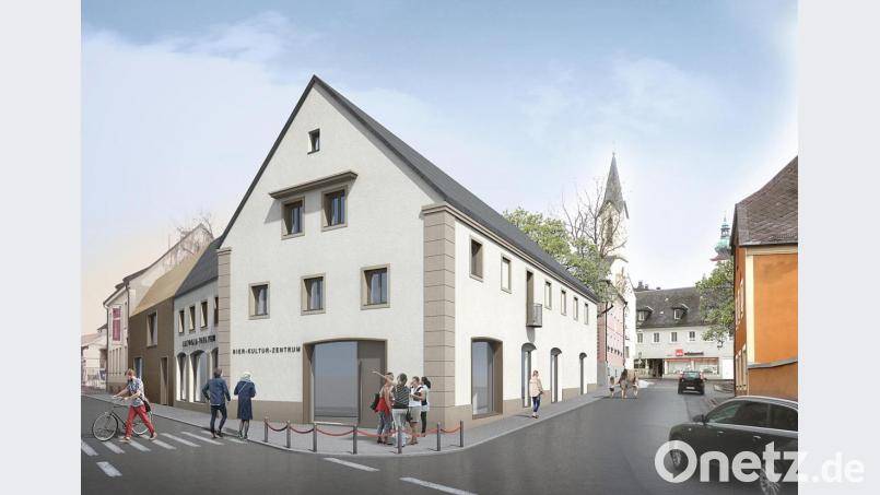 So stellen sich die Planer das neue "Bier-Kultur-Zentrum" vor. Der Hauptzugang wird an die Giebelseite verlegt, der Bereich am bisherigen Zugang kann mit als Foyer genutzt werden. Bild:  H2M Architekten + Stadtplaner GmbH