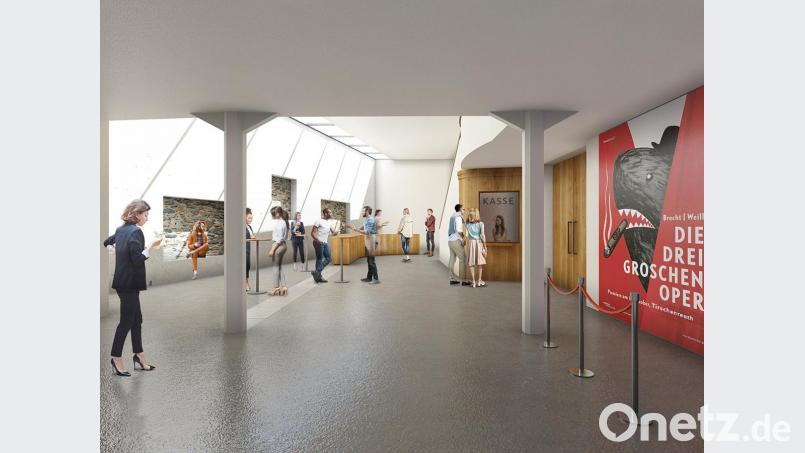 In der Machbarkeitsstudie hat das Büro H2M schon eine interessante Vorstellung im Bild realisiert. So könnte die Außenmauer im alten Foyer entfernt und nach links versetzt werden. Die Beleuchtung könnte durch ein Oberlicht erfolgen. Bild:  H2M Architekten + Stadtplaner GmbH