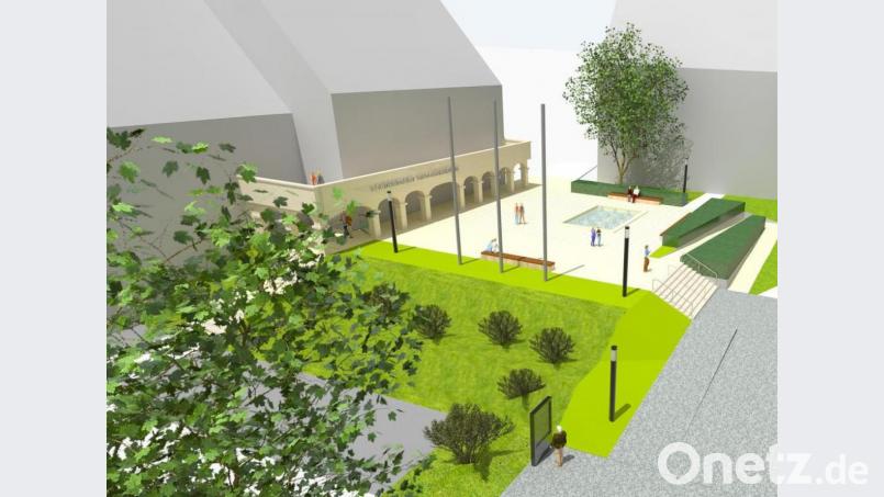 Blick von der Mähringer Straße: So soll der künftige Innenhof am Landratsamt Tirschenreuth ausschauen. Durch die Versetzung der Treppe und dem Bau einer Rampe wird der Haupteingang (links, Zugang zu den Sitzungssälen) mehr hervorgehoben. Bild: Landschaftsarchitekten "Stadt-Land-Fanck", Tirschenreuth
