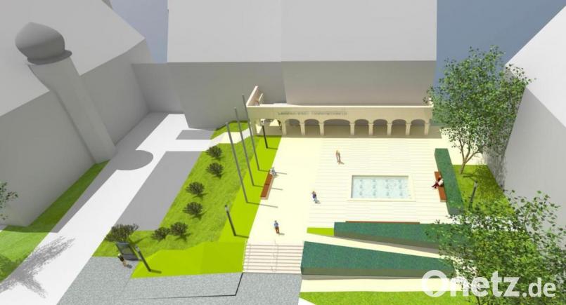 So soll der künftige Innenhof am Landratsamt Tirschenreuth ausschauen. Durch die Versetzung der Treppe und dem Bau einer Rampe wird der Haupteingang (hinteres Gebäude, Zugang zu den Sitzungssälen) mehr hervorgehoben. Bild: Landschaftsarchitekten "Stadt-Land-Fanck", Tirschenreuth