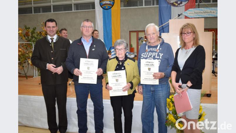 Für ihr Engagement in der Seniorenarbeit wurden Helmut Kramer, Hildegard Gerl und Ludwig Gerl vom Seniorenkreis Stulln (mit Urkunde von links) von Landrat Thomas Ebeling und Cornelia Kiener mit der goldenen Ehrennadel ausgezeichnet. Bild: bnr