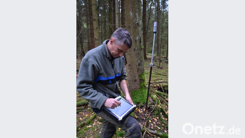 Förster Martin Gottsche trägt einen neuen Biotopbaum in sein System ein. Bild: Anne Wiesnet