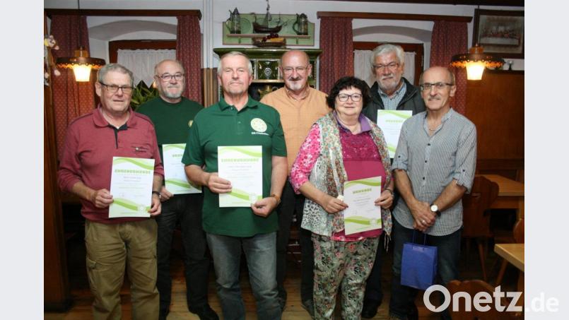 FGV-Vorsitzender Manfred Lang (Dritter von links) ehrte (von links) Josef Vogl, Reinhard Schwarz, Helmut Wildenauer, Monika und Werner Zuleger mit Dankurkunden und heftete Anstecknadeln an. Großer Dank ging an Siegfried Steinkohl (rechts) für seinen grandiosen Vortrag. Bild: roh