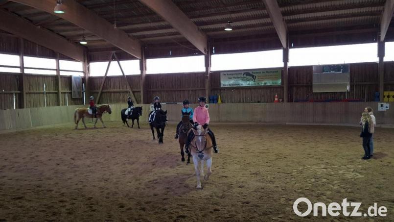 Beim Einfachen Reiterwettbewerb, 1. Abteilung Lena Slama auf Fleck, Eva Dierl auf Nico, Nele Bruchner auf Ramino, Marie Wittauer auf Chipsy, und Lara Ponnath auf Primel (von rechts). Bild: hai