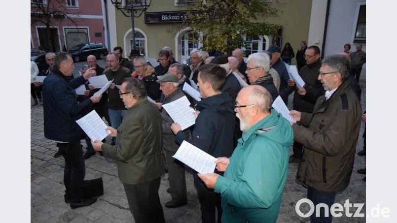 Der Männergesangverein Liederkranz gestaltete zusammen mit den Jagdhornbläsern aus Burglengenfeld das Standkonzert am Marktplatz. Bild: bö