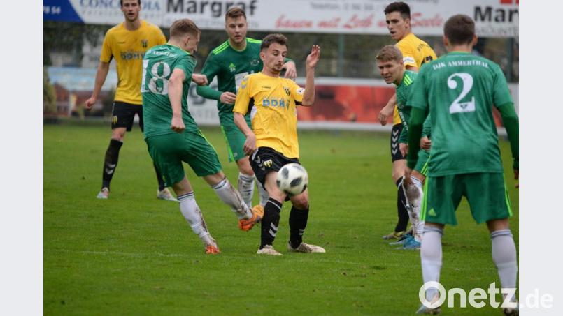 Mit 1:0 besiegte die DJK Ammerthal (grüne Trikots) am Sonntagnachmittag in der Fußball-Bayernliga Nord die SpVgg Bayern Hof. Torschütze des Tages war Andre Karzmarczyk (hier beim Schuss), der einen Elfmeter verwandelte. Bild: Andreas Brückmann