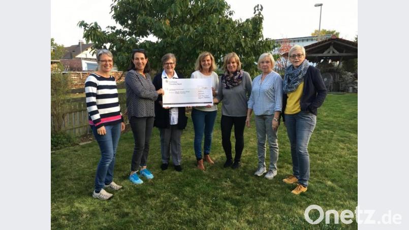 Bei der Übergabe des symbolischen Schecks, von links Monika Mittereder, Cordula Heinzl, Dr. Annemarie Schraml, Monika Müller, Christine Eckert, Marianne Gmeiner und Sabine Schiml. Bild: exb