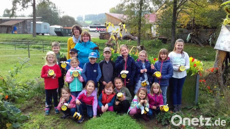 Die „Wühlmäuse“ des Obst- und Gartenbauvereins Teunz bastelten „Dosen-Bienen“ als Gartendekoration. Bild: exb