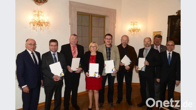 Stellvertretender Landrat Albert Nickl dankt den Kommunalpolitikern Josef Illing, Ulrich Danzer, Rita Rosner, Lothar Löw, Günther Meißner und Eduard Forster (von links) mit der Dankurkunde für ihre jahrzehntelange kommunalpolitische Tätigkeit. Regierungsdirektor Alfred Scheidler und Bürgermeister Martin Schreglmann (von links) gratulieren zu der Auszeichnung. Bild: bey