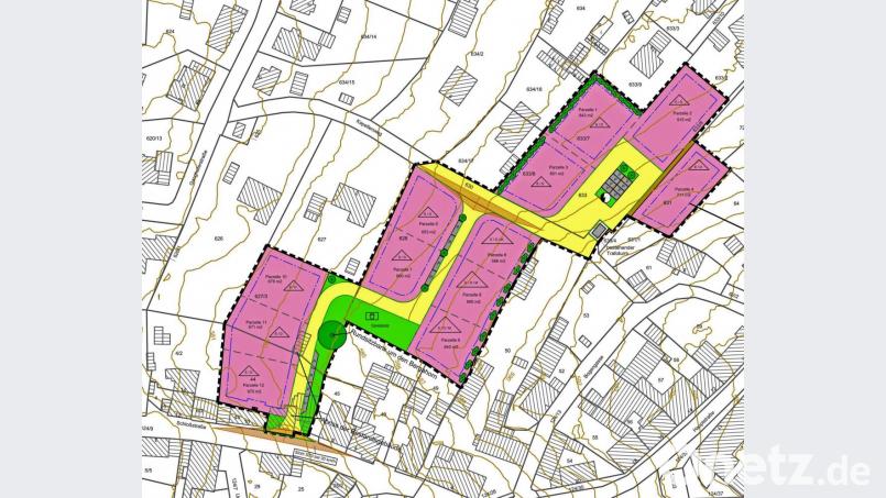 Auf 1,2 Hektar Wiese im Plößberger Ortskern entsteht das neue Wohngebiet Kapellenweg mit zwölf Parzellen. Eine zwei Meter dicke Hecke soll wie ein Lärm- und Geruchs-Puffer zwischen den Grundstücken 1 und 3 und den Tieren der Nachbarn wirken. Bild: Architekturbüro BBI/exb