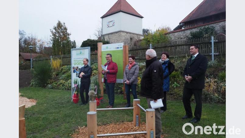 Bei der Einweihung mit (von links) Pfarrer Stefan Wagner, Bürgermeister Martin Birner, Stellvertreterin Margit Reichl, Josef Schönhammer von der In-Motion-Park-GmbH, AOK-Direktorin Christa Siegler und Landrat Thomas Ebeling ließen es die Beteiligten nach den Ansprachen nicht an sportlichem Ehrgeiz fehlen. Bild: bl
