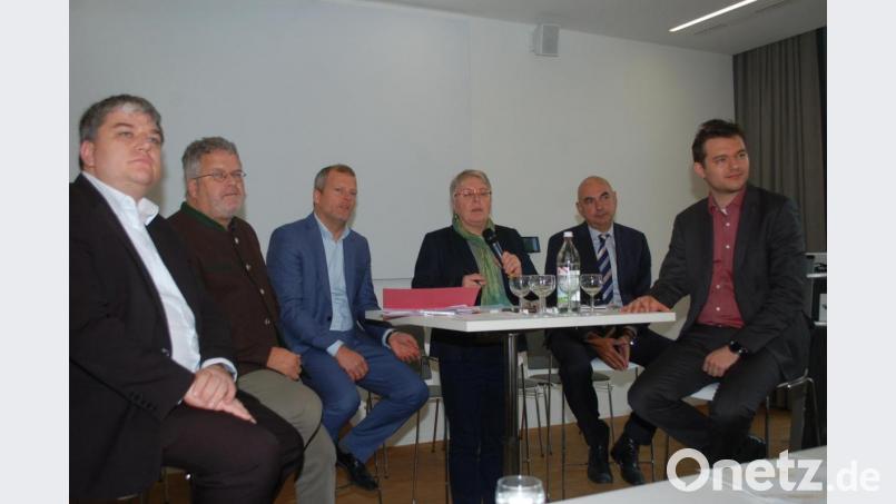 Die Podiumsrunde: (von links) Bundestagsabgeordneter Stefan Schmidt, Stefan Schell (Bayerisches Verkehrsministerium), Matthias Trykowski (DB Netz AG) Moderatorin Maria Simon, Landtagsabgeordneter Jürgen Mistol und Lukas Iffländer (Pro Bahn). Bild: gib