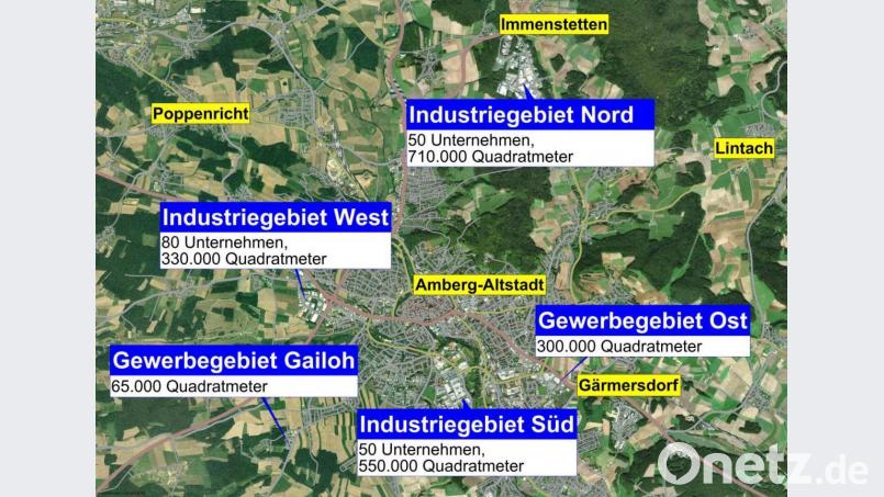 Die Industrie- und Gewerbegebiete im Stadtgebiet Amberg. Grafik: Oberpfalz-Medien/Maps4News