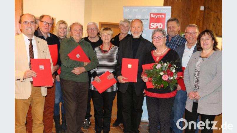 Bei einem Festakt zum 100-jährigen Bestehens ehrt die Hirschauer SPD langjährige Mitglieder (von links): Zweiter Bürgermeister Josef Birner, Georg Gebhardt, Claudia Bosser, Albert Kraus, Günther Widmann, Elisabeth Böller-Kielhorn, Ingrid Schlosser, Vorsitzender Günther Amann, Marianne Braun, Franz Schlosser, Rudi Wild und Bundestagsabgeordnete Marianne Schieder. Bild: ag