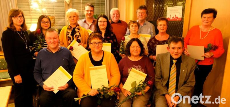 Treue Sänger des katholischen Kirchenchores werden mit Ehrennadel und Urkunden für ihre Verdienste um die Kirchenmusik ausgezeichnet: Michael Fröhlich, Angelika Sellmeyer, Brigitte Beer und Pfarrer Max Früchtl (sitzend von links) sowie Elisabeth Lehner, Katharina Sellmeyer. Beate Götz, Hannes Fischer, Nicola Barth, Chorleiter a. D. Hans Fröhlich, Veronika Bauer, Josef Trißl, Wilma Wirth und Hermi Brauner (stehend von links). Bild: le