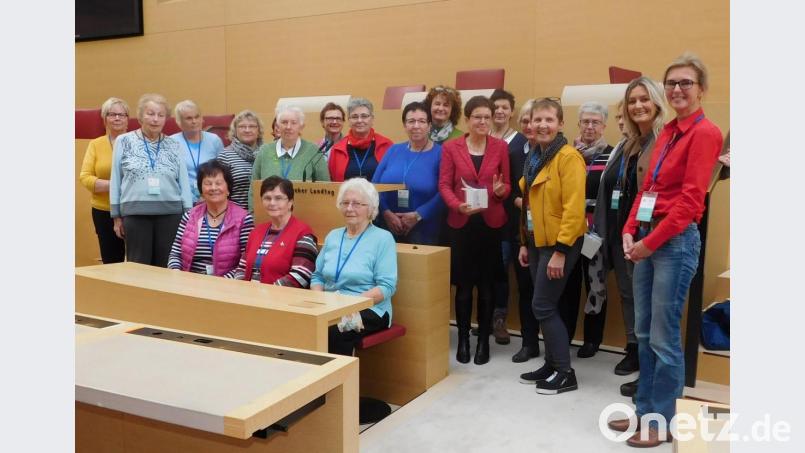 Dort, wo sonst Gudrun Brendel-Fischer (Achte von rechts) und ihre Kollegen sitzen, erläuterte die CSU-Abgeordnete ihren Gästen um Christine Kirchberger vom Frauenbund Kirchenlaibach (Sechste von rechts) ihre Arbeit im Bayerischen Landtag. Bild: hai