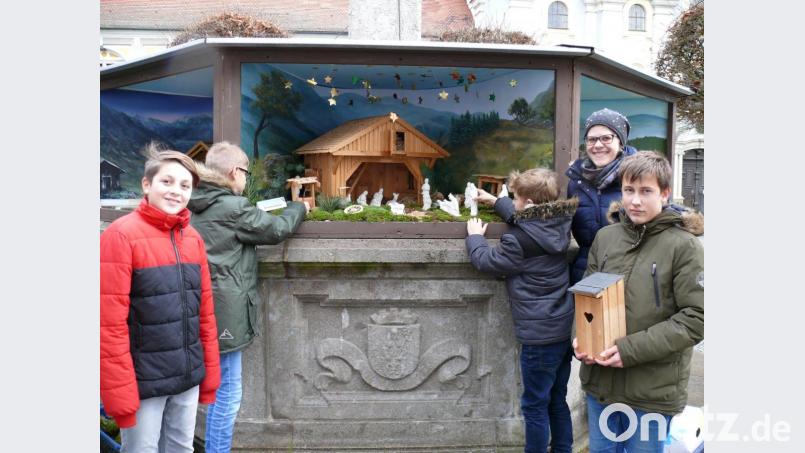 Am Aufbau des Krippenweges am Diepold-Brunnen waren die Schüler der Realschule im Stiftland mit Eifer bei der Sache. Das Bild zeigtdie Schüler zusammen mit Lehrerin Teresa Kneidl. Bild: kgg