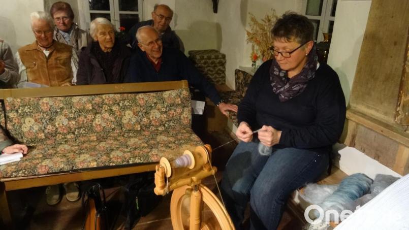 Mit großem Interesse verfolgen die Goglhof-Gäste, wie Martina Götz aus einer Woll-Wolke einen Faden spinnt. Bild: hka