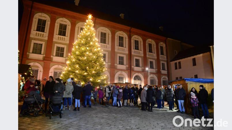 Seit Samstagabend brennen die Kerzen am Weihnachtsbaum auf dem Platz vor dem Landratsamt. Bild: bey
