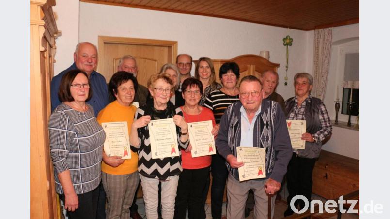 Die Vorsitzenden Rosi Sieber und Reinhold Meyer würdigten die Verbundenheit von Rosi Tretter, Günter Pöllmann, Marianne Dippl, Isolde und Robert Schraml, Gisela Schreyer, Martina Schraml, Inge Meyer, Helmut Schindler sowie Erwin und Christel Seibel (von links) mit dem Radfahrerverein mit Urkunden. Bild: rpp