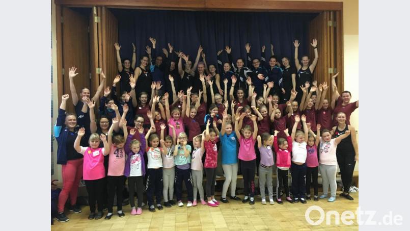 „Freude und Spaß hatten dann auch die insgesamt 54 Tänzerinnen der Aktiven- und der Juniorengarde sowie der Michelfelder Frösche beim gemeinsamen Trainingstag. Bild: obl