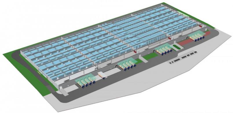 So könnte es einmal aussehen: Das neue Logistikzentrum der Schott AG bei Wiesau. Der Entwurf sieht eine 300 Meter lange und 130 Meter breite Bebauung vor. Mit einem zweistelligen Millionenbetrag möchte das Unternehmen die rund 1250 Arbeitsplätze bei Schott in Mitterteich langfristig sichern. Bild: Schott/exb