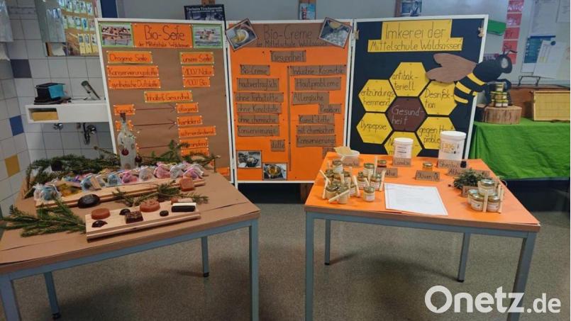 Die Schüler der Klasse 9M der Mittelschule Waldsassen gaben an ihren selbst erstellten Infoständen einen kleinen Einblick in die biologische Seifen - und Cremeherstellung, den Schulgarten und die Schulimkerei. Bild: Mittelschule Waldsassen/exb