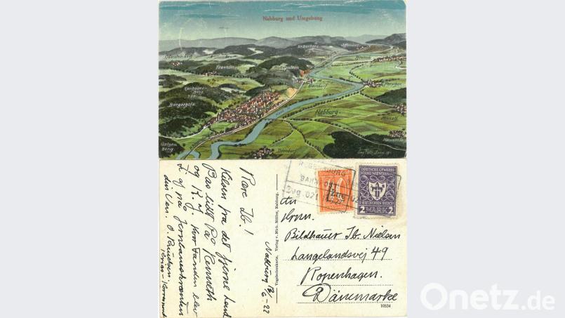 Eine der zwei von Eugen Felle gezeichneten Vogelschaukarten von Nabburg: Dieses Exemplar ging nach Kopenhagen. Bild: aub