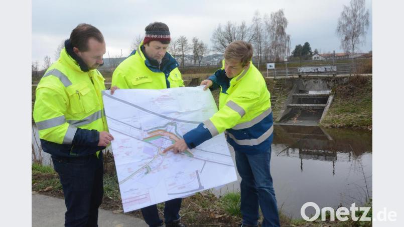 Daniel Brumme (Björnsen Ingenieure, Augsburg), Helmut Schaller und Andreas Ettl vom Wasserwirtschaftsamt Weiden erklären das Bauvorhaben des Neubaus. Im Hintergrund der marode Düker. Bild: Gabi Schönberger