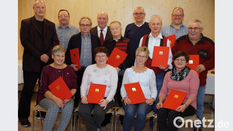 Ehrung der Mitglieder des SPD-Ortsvereins (erste Reihe, von links): Sabine Kreuzer, Anni Langsteiner, Ursula Schuster und Anneliese Hautmann sowie (stehend, von links) Thomas Döhler, Gustav Storm, Erich Hader, Peter Merkl, Günther Reichenberger, Anton Dornheim, Alfred Schuster, Markus Schraml und Josef Bayerl. Bild: bkr