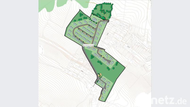 So würde das neue Baugebiet in Luitpoldhöhe aussehen. In der Bildmitte befindet sich die steile Kehre der Selgradstraße hinauf nach Neuricht. Grafik: Stadt Amberg