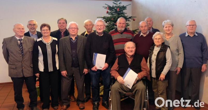 Die für lange Zugehörigkeit Geehrten zusammen mit Vorsitzender Edda Ströll (Dritte von links) und ihrem Stellvertreter Erwin Schieber (links) sowie der beiden Bürgermeistern Manfred Rodde und Hans Gradl ( hinten von links). Bild: mab