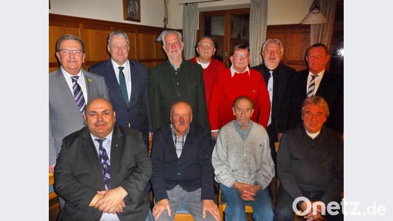 Bürgermeister Martin Preuß aus Amberg sowie Landrat Richard Reisinger gratulierten den Schiedsrichter-Jubilaren Wolfgang Dandorfer, Roland Karpa, Wladislaw Derbin, Bezirksschiedsrichter-Obmann Andreas Allacher, Kreisschiedsrichter-Obmann Willi Hirsch (stehend von links) sowie Thomas Gebele, Josef Schmid, Hubert Krautwurst und Gernot Stark (sitzend von links). Bild: exb
