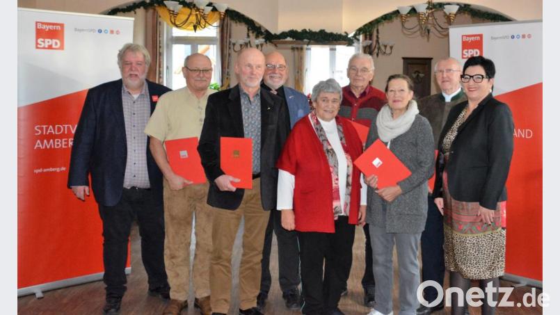 Ehrungen standen bei der SPD auf der Tagesordnung (von links): Stellvertretender Stadtverbandsvorsitzender Dieter Weiß, Bernhard Exner (30 Jahre Mitglied), Herbert Steiner (50 Jahre), Stadtverbandsvorsitzender Martin Seibert, Ingrid Lay (60 Jahre), Heinz Netta (50 Jahre), Theresia Vahle-Röck (25 Jahre), Hans Zimmermann (50 Jahre) und Fraktionsvorsitzende Birgit Fruth. Bild: Simon Seibert/exb
