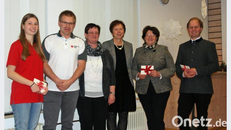 Elisabeth Scheidler, Max Lang (Bereitschaft BRK), Christine Schmid, Elisabeth Blend (Frauenburd) Marianne Deml (Orgelbauverein) und Pfarrer Stefan Wagner zeigt das Bild (von links). Bild: agr