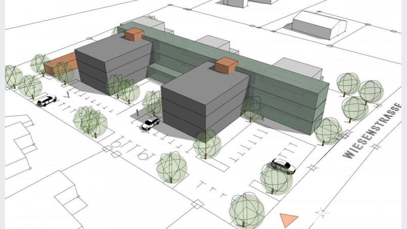 Der Planentwurf für das Gesundheitszentrum. Zwei verbundene dreigeschossige Würfel. Repro: Planungsbüro Pflaum