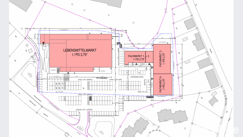 So sieht der Lageplan für das Einkaufszentrum im Naabtal mit Zufahrt von der Regensburger Straße aus. In den großen roten Komplex zieht ein Rewe-Markt ein. Für den Fachmarktbau ist Ratisbona mit Interessenten noch in Verhandlungen. Bild: Ratisbona Handelsimmobilien