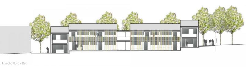 Im Plankenhammer will die Baugenossenschaft "Eigenheim" zehn barrierefreie Mietwohnungen bauen. Der Spatenstich soll am Jubiläumstag, 27. Juni 2020, vollzogen werden. Das Projekt, hier die Nord-Ost-Ansicht, erhält die Bezeichnung "Plankenhammer-Floßleite". Bild: le/SHL-Architekten